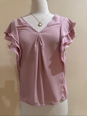 Ruffle Sleeve V-Neck Blouse - Dusty Rose